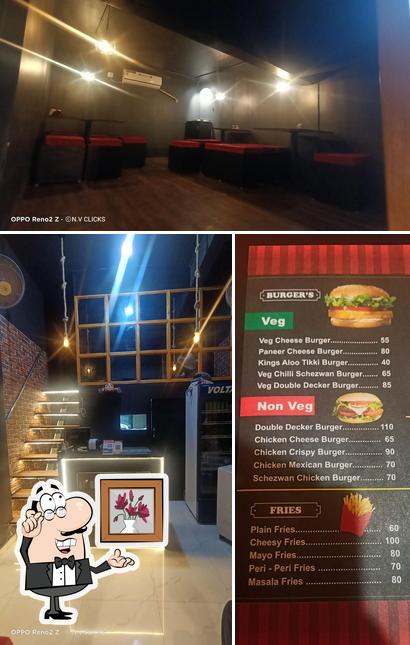 The restaurant's interior and burger