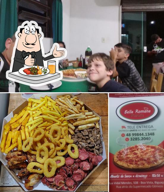 Entre diferentes coisas, comida e mesa de jantar podem ser encontrados a Pizzaria Bella Romana