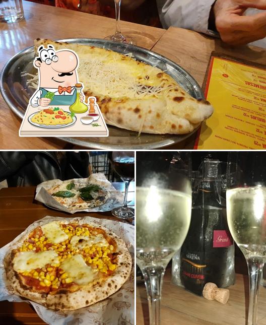 Entre diversos coisas, comida e álcool podem ser encontrados a Lastro Pizzaria