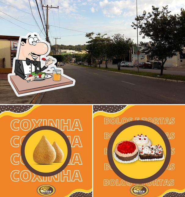 Esta é a ilustração mostrando comida e exterior no Padaria Delice Pães e Bolos