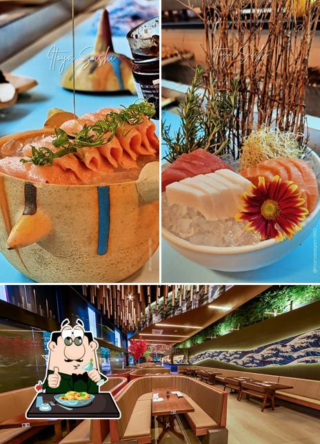 A ilustração da comida e interior no Itoya Sushi Mandaqui