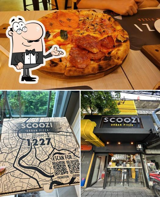 Это фото, где изображены внутреннее оформление и пицца в Scoozi Urban Pizza Ekkamai
