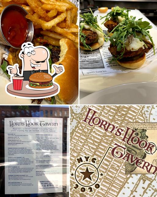 Taste one of the burgers served at Horn's Hook Tavern