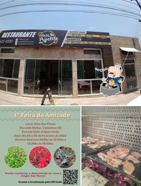 Esta é a foto mostrando comida e exterior a Bom Apetite churrascaria e pizzaria