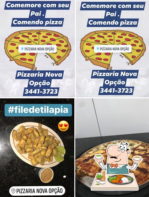 Confira a imagem apresentando comida e exterior no Pizzaria Nova Opção