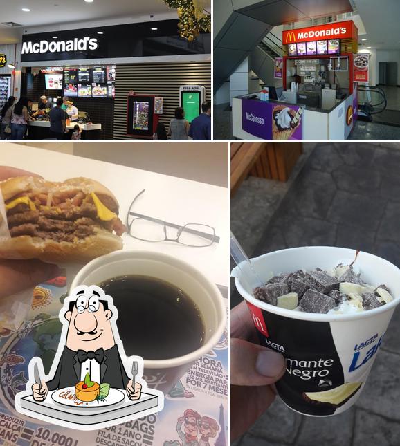 Dê uma olhada a imagem apresentando comida e interior no McDonald's