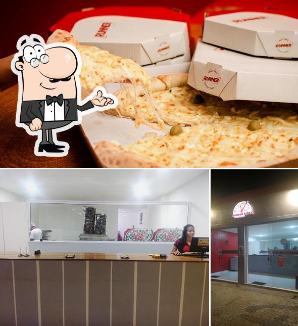 Dê uma olhada a ilustração ilustrando interior e pizza a Runner Pizza