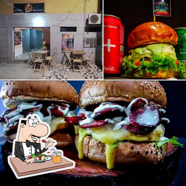 A ilustração da comida e interior no Invasão Burguer