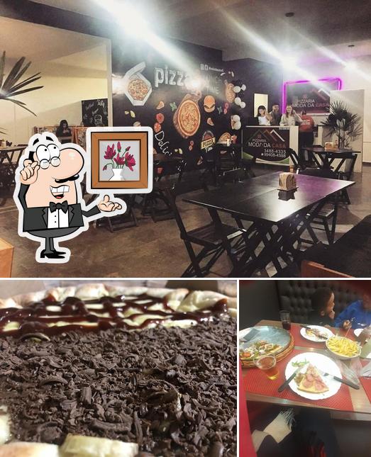 Dê uma olhada a ilustração apresentando interior e sobremesa a Pizzaria Moda da Casa