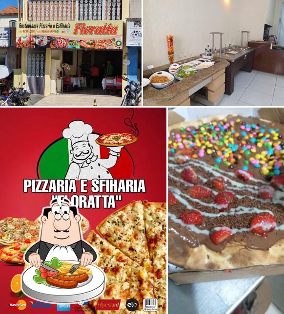 Confira a imagem mostrando comida e interior a Floratta Pizzaria e Esfiharia