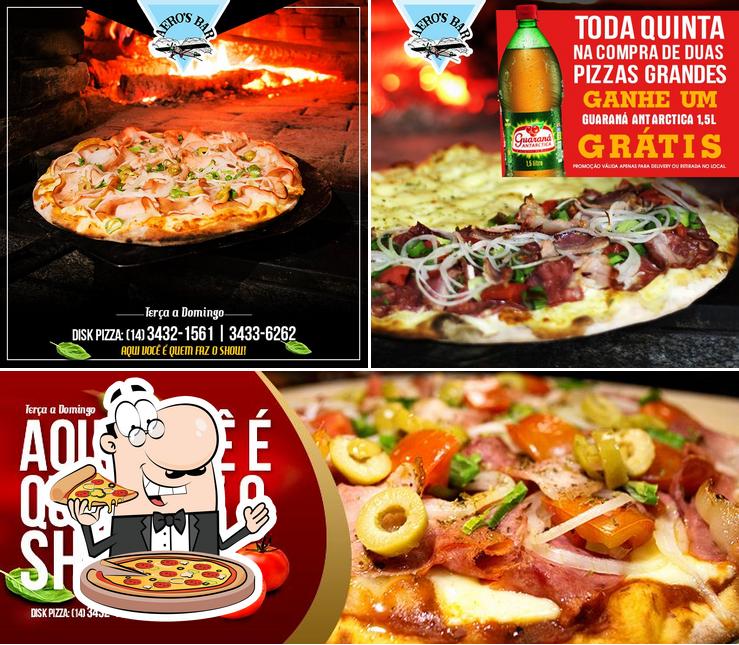 Experimente pizza no Aeros Bar Pizzaria e Vídeokê