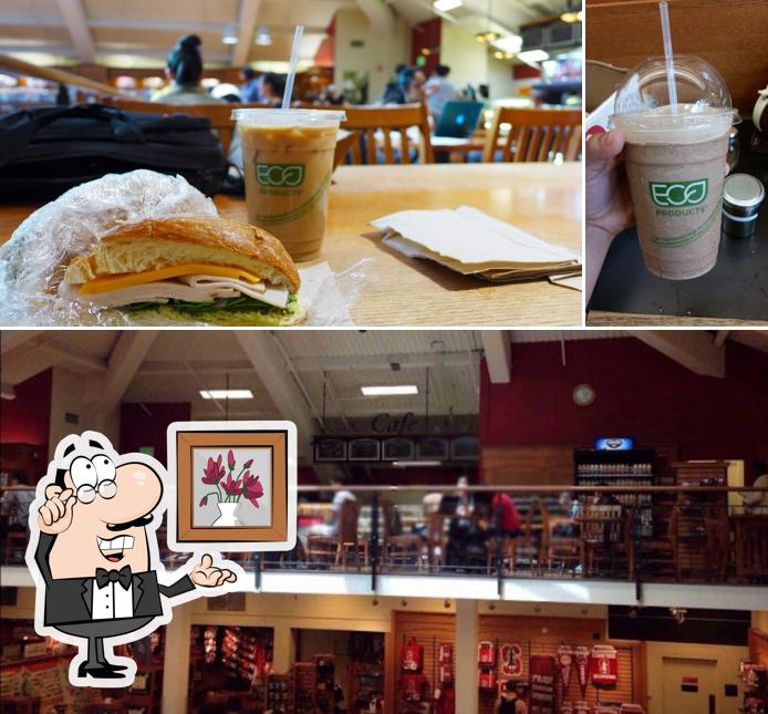 Take a look at the picture showing interior and beverage at Stanford Bookstore Cafe