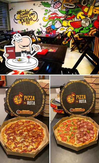 Entre diferentes coisas, comida e interior podem ser encontrados no Pizza na Rota - Centro