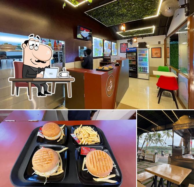 The restaurant's interior and food