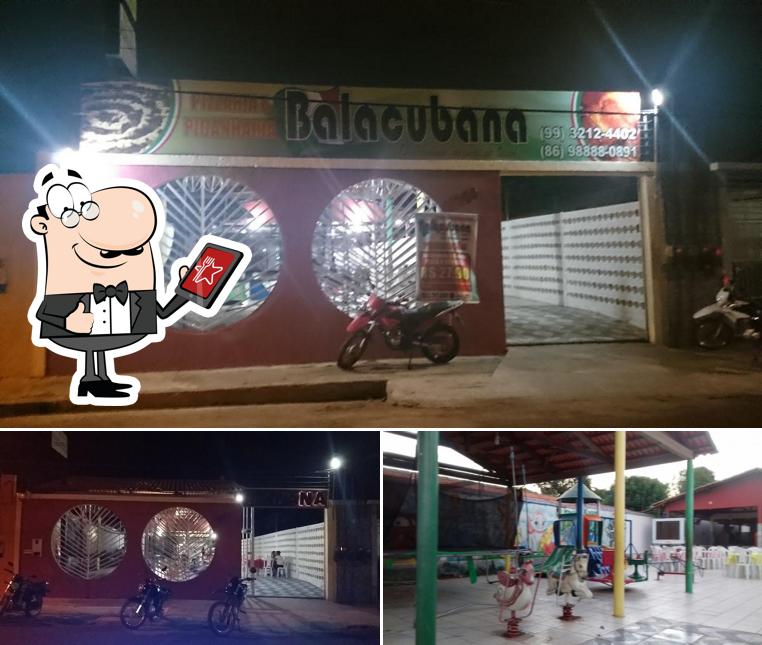 A ilustração a Pizzaria Balacubana’s exterior e comida