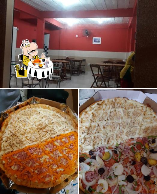 Esta é a ilustração apresentando comida e interior no Restaurante e pizzaria recanto