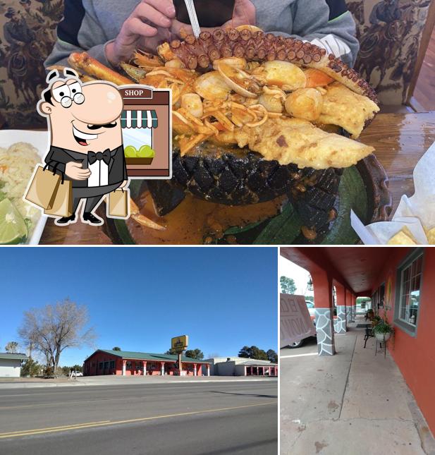 The photo of exterior and food at El Charro Beer