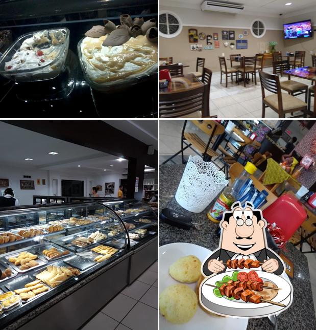 Confira a imagem apresentando comida e mesa de jantar a Padaria Frota