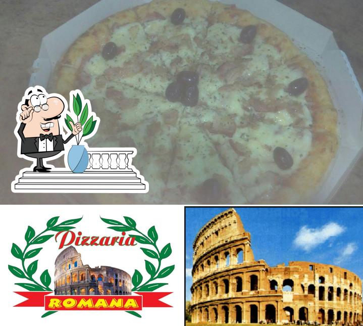 Dê uma olhada a ilustração apresentando exterior e comida a Pizzaria Romana