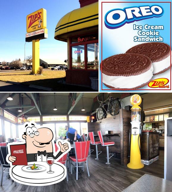 This is the image depicting food and interior at Zip's Drive In