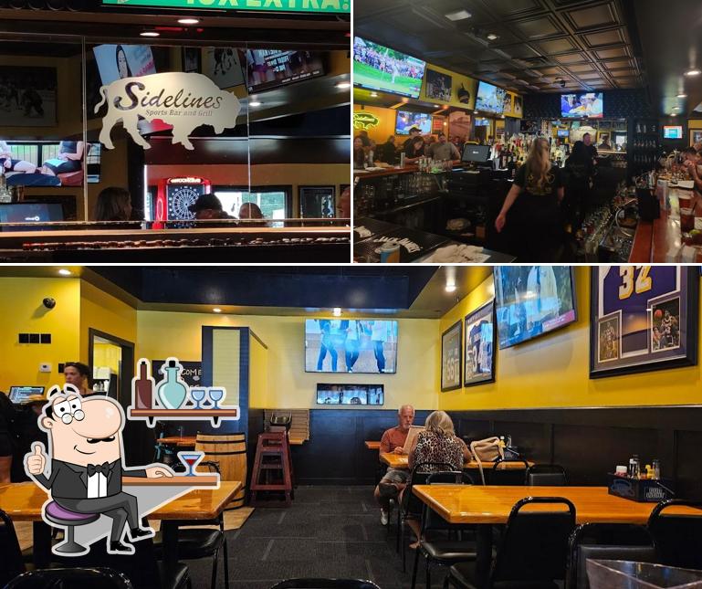 This is the picture depicting interior and food at Sidelines Sports Bar and Grill