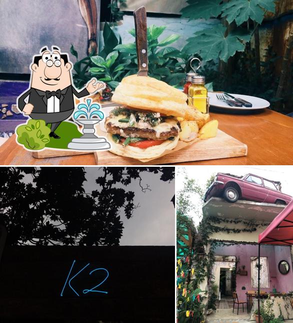 Jetez un coup d’oeil à l’image affichant la extérieur et burger concernant K2 Cafe