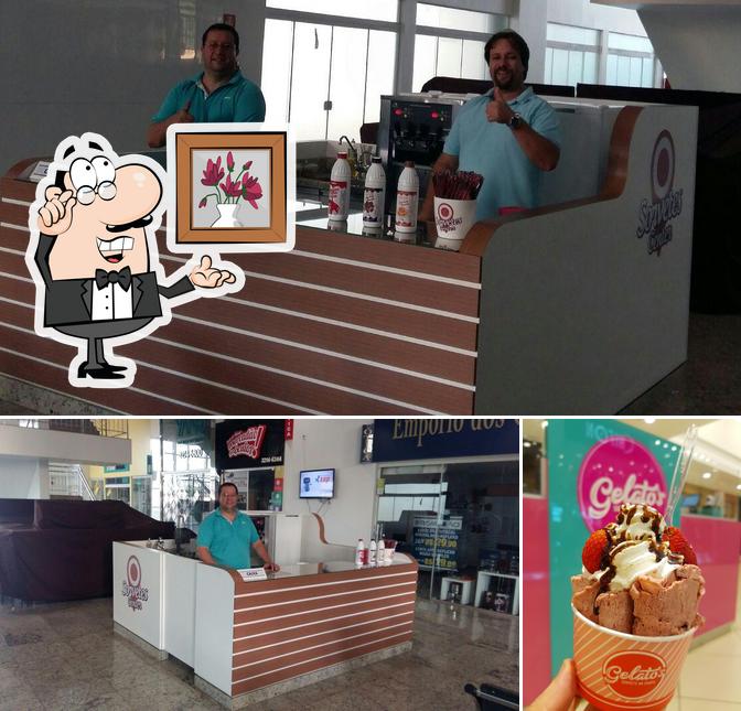 Confira a foto apresentando interior e sobremesa a Gelato's Sorvete na Chapa