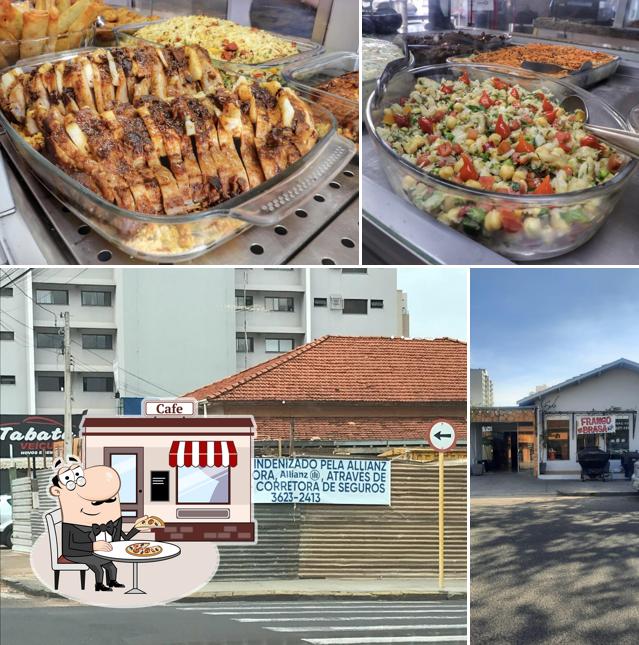 Confira a ilustração ilustrando exterior e comida a Frango na Brasa