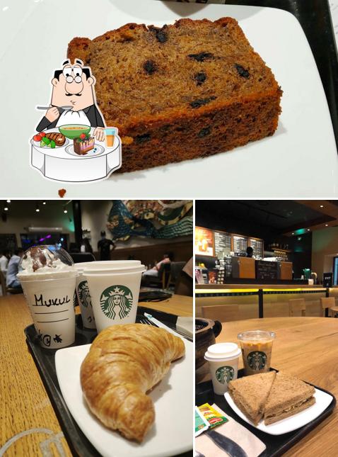 Starbucks is distinguished by dining table and food