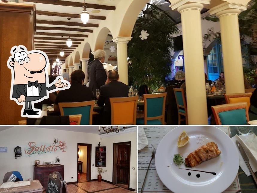 Take a look at the picture showing interior and food at Osteria Galletto