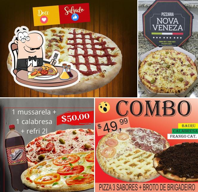 Escolha pizza no Pizzaria Nova Veneza