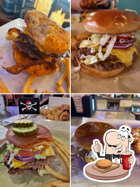 Order a burger at Jolly Roger's Grub & Pub