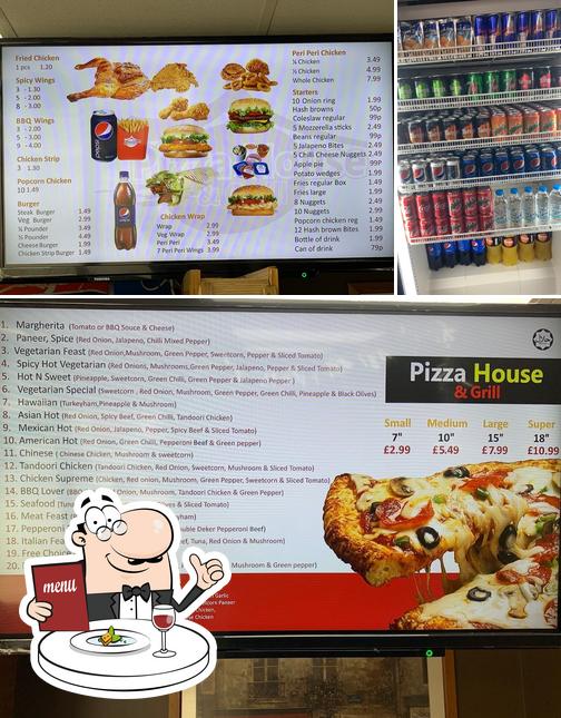 Это снимок, где изображены еда и напитки в Pizza House & Grill