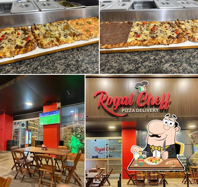 Confira a ilustração mostrando comida e interior a Royal Cheff Pizzaria e Marmitaria