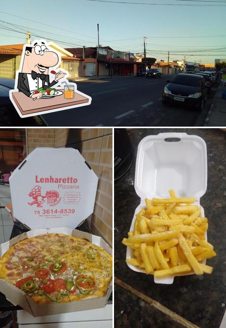 Confira a imagem mostrando comida e exterior no Pizzaria Lenharetto Feira de Santana BA