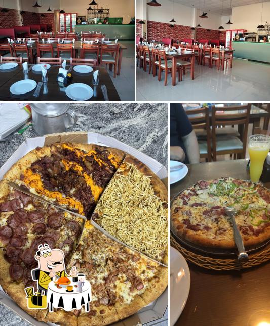 A imagem da comida e interior a Pizzaria Maria Fumaça