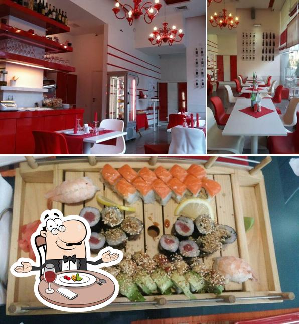 Parmi les différentes choses de la table à manger et la sushi, une personne peut trouver sur Bianco Rosso