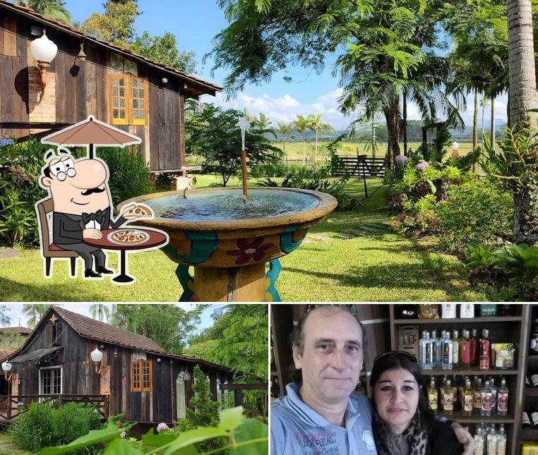 Dê uma olhada a ilustração apresentando exterior e balcão de bar no Restaurante Engenho do Vale