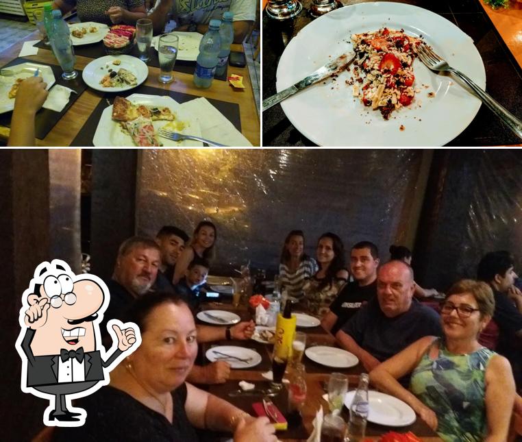 Confira a ilustração ilustrando interior e comida a Di Mare Pizzaria