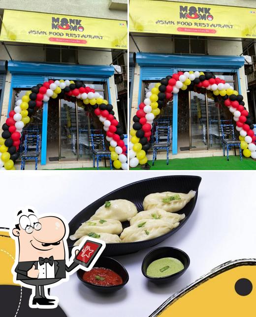 Take a look at the image depicting exterior and food at Monk Momo Asian Food Restaurants