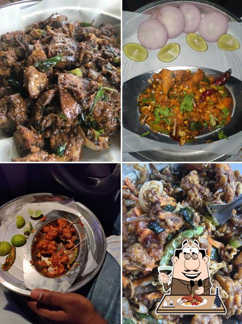 Meat dishes are available at Potluri family Dhaba