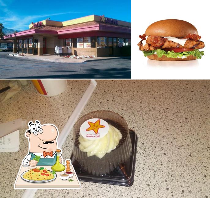 The picture of Carl's Jr’s food and exterior