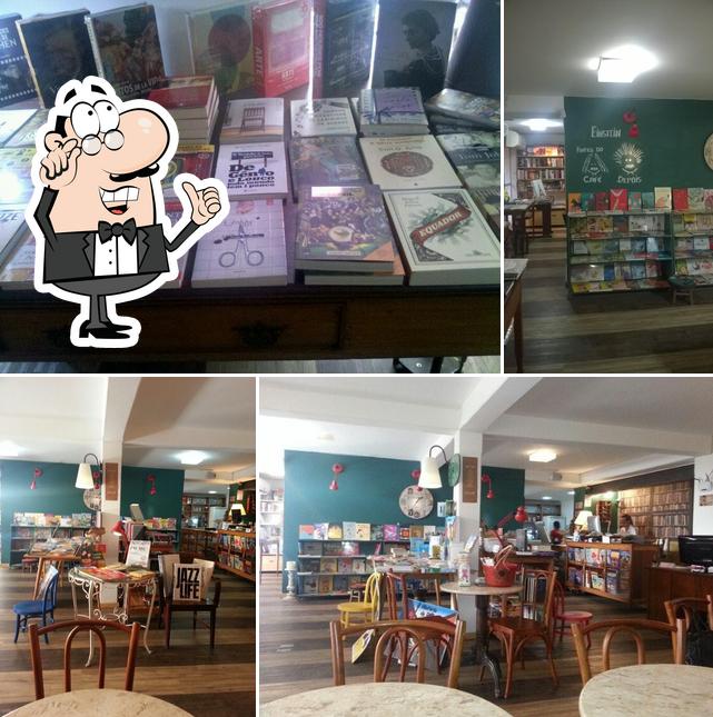 O interior do Livraria e Cafeteria Papo Café