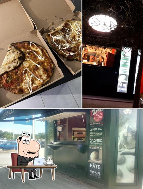Это фото, где изображены внутреннее оформление и пицца в Le Kiosque A Pizza
