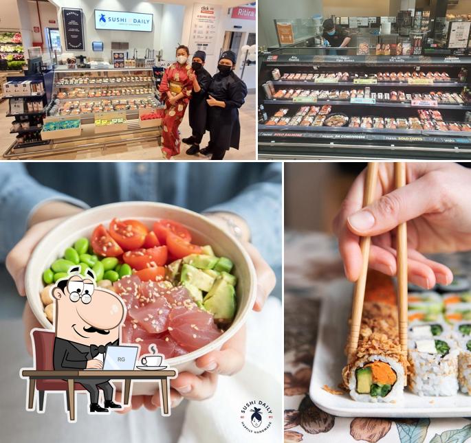 Dai un’occhiata alla foto che mostra la interni e cibo di Sushi Daily