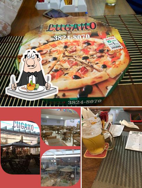 Esta é a imagem mostrando comida e cerveja a Lugano Pizzeria