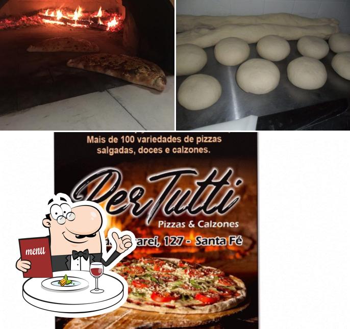 Esta é a ilustração apresentando comida e interior no Pizzaria Pertutti