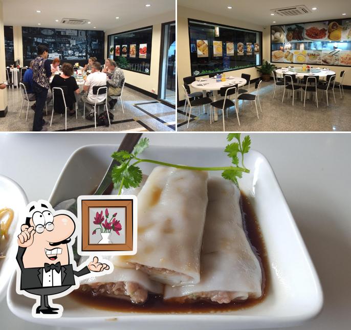 Это фотография, где изображены внутреннее оформление и еда в Hongkong Lucky Restaurant