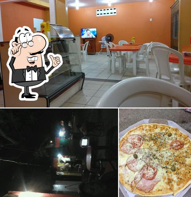 A interior e pizza do restaurante