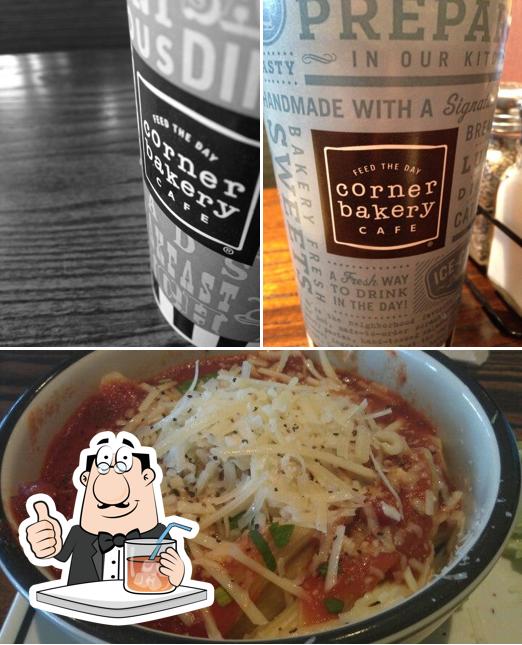 The picture of Corner Bakery’s drink and food